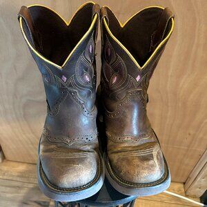 Justin Cowgirl boots - USED - 8.5 size - Gemm Brown embossed with Pink & yellow